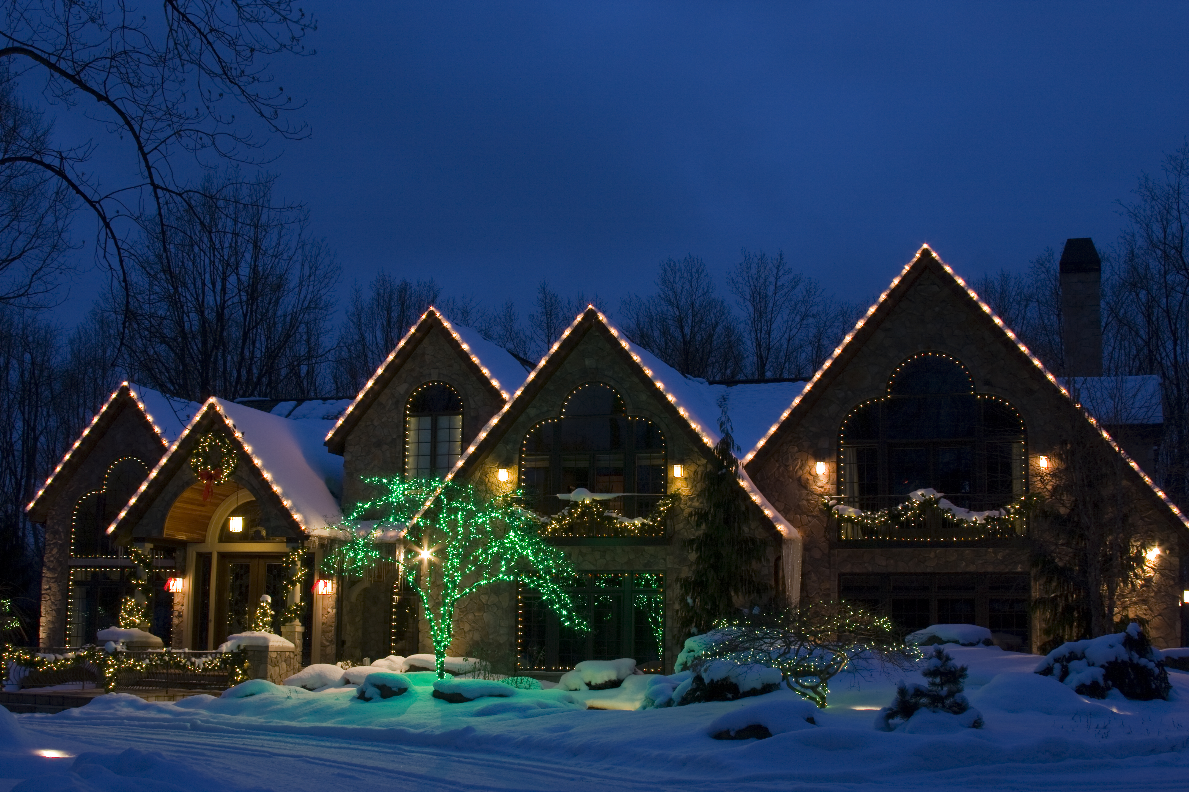 Residential Christmas Decor Nighttime View